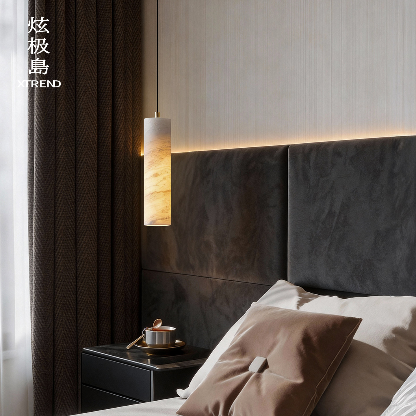 意大利天然石材床头吊灯意式轻奢创意圆柱长条全铜玄关卧室吊线灯