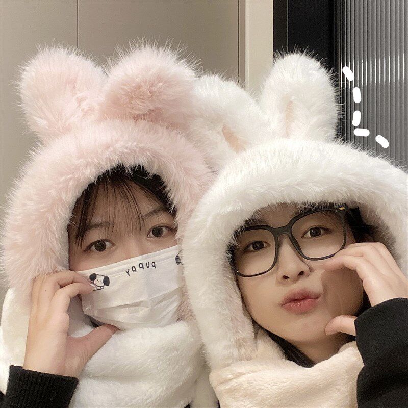 兔耳朵毛绒帽子女冬款2023新款显脸小围巾围脖一体手套可爱三件套