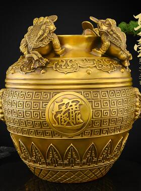 铜聚宝盆金蟾摆件客厅玄关酒柜装饰四方坛子黄铜米缸工艺品大号