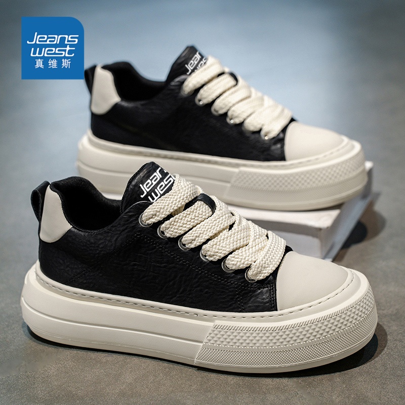 真维斯板鞋男款2026春季新款男士厚底百搭帆布鞋皮面运动休闲鞋