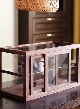 日式黑胡桃实木玻璃展示柜茶室茶具器皿摆件防尘置物架防尘收纳柜