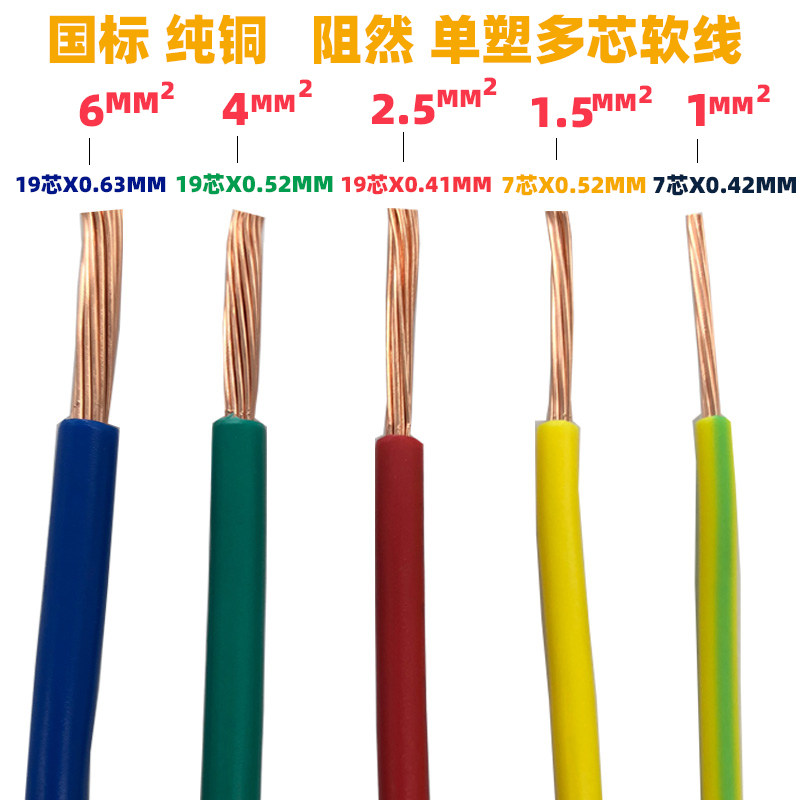 广东五羊电线电缆BVR 1 1.5 2.5 4 6平方软线纯铜多股线家用国标