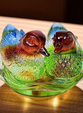 古法琉璃鸳鸯摆件旺床头桃花情侣送朋友卧室百年好合结婚装饰品