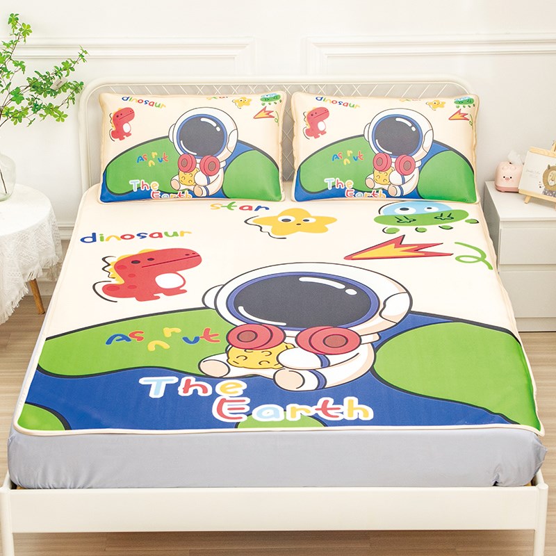 卡通太空人夏季凉席三件套可机洗折叠席子单双人学生宇航员冰丝席