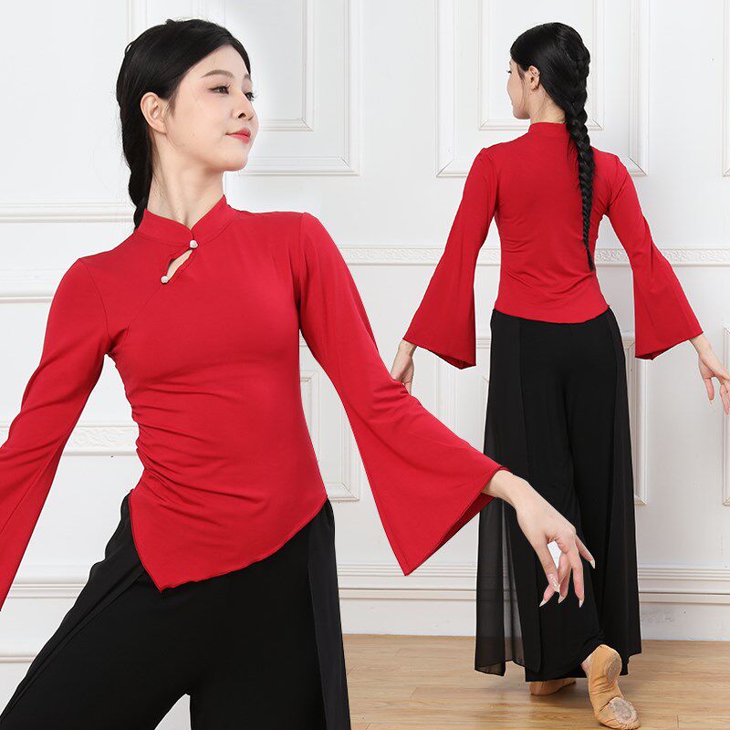 舞蹈服形体服旗袍领练功古典舞民族舞中国舞飘逸喇叭袖表演服上衣