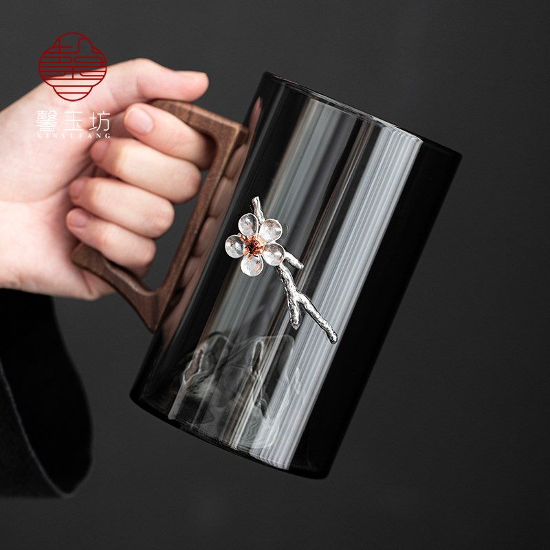 新中式轻奢锡梅花烟灰玻璃杯木把观山喝水杯子耐热茶杯办公杯创意