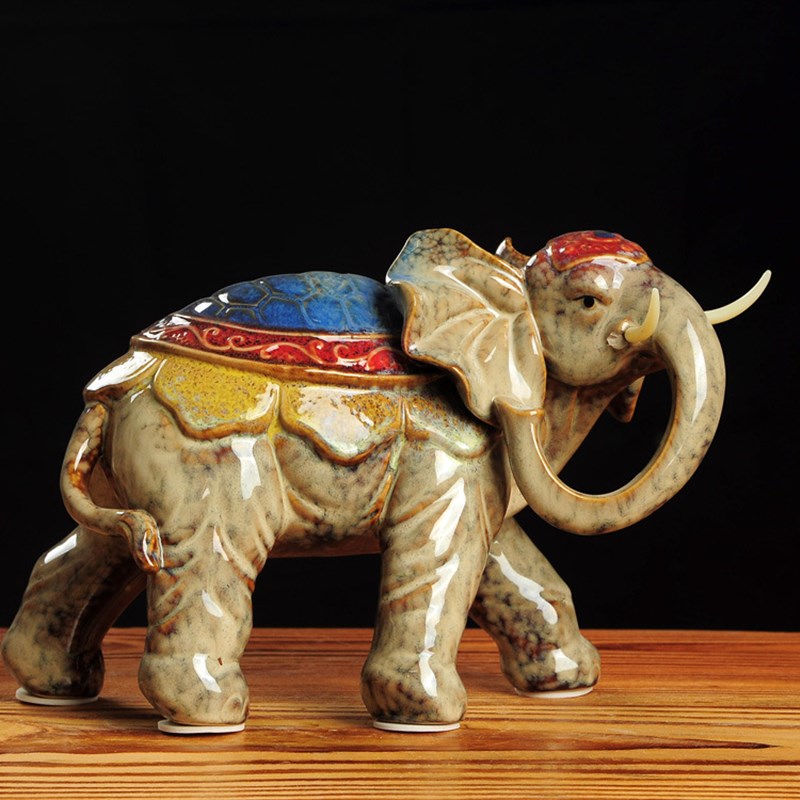 直供 陶瓷工艺品 陶瓷大象摆件 陶瓷摆件 窑变釉长寿大象套组