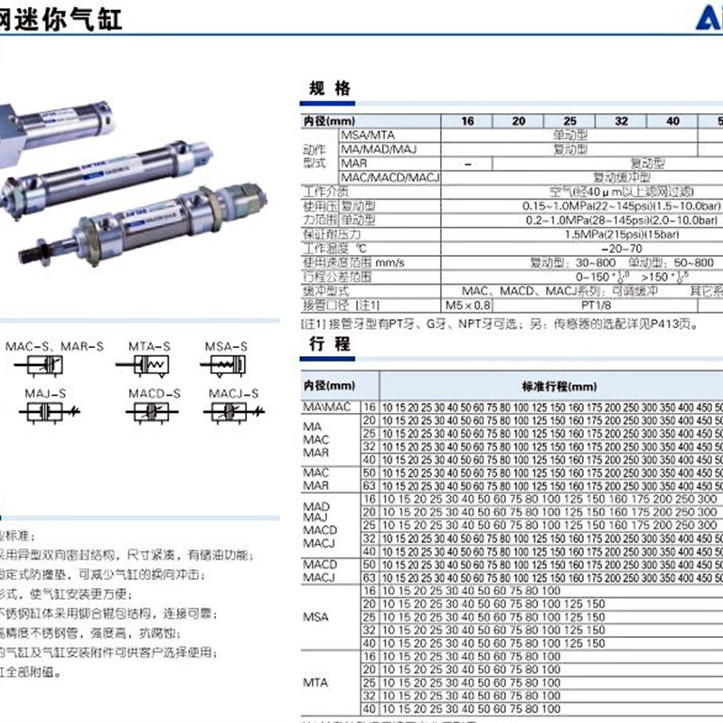 亚德客原装不锈钢迷你气缸小型气动MA16/20/25/32/40复动单动型