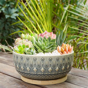 八英寸圆形花盆冰裂蓝柱状盆凸面 创意多肉陶瓷花盆园艺