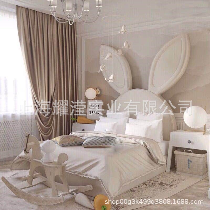 欧式新古典软包床兔耳朵女孩床单人儿童床卧室布艺双人床定制家具