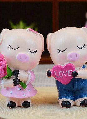 创意田园树脂爱心玫瑰花情侣猪节日礼物 家居店铺装饰品摆件