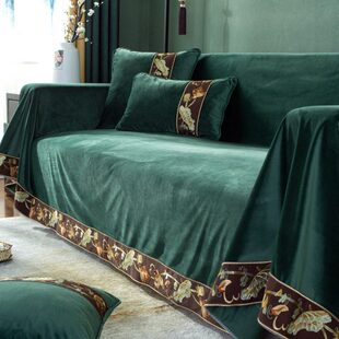 中式真丝绒沙发巾 毛绒绣花沙发毯全盖沙发盖罩沙发垫防滑中国风