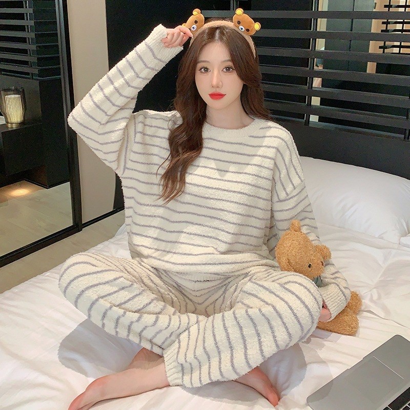 简约条纹套装可外穿睡衣女秋冬季加绒加厚保O暖毛线绒软绵绵家居