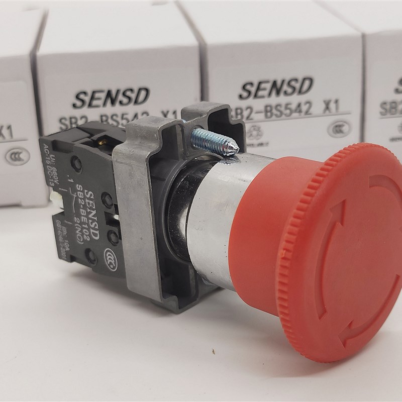 SENSD金属型旋钮急停按钮开关XB2-BS542蘑菇自锁按钮直径22mm