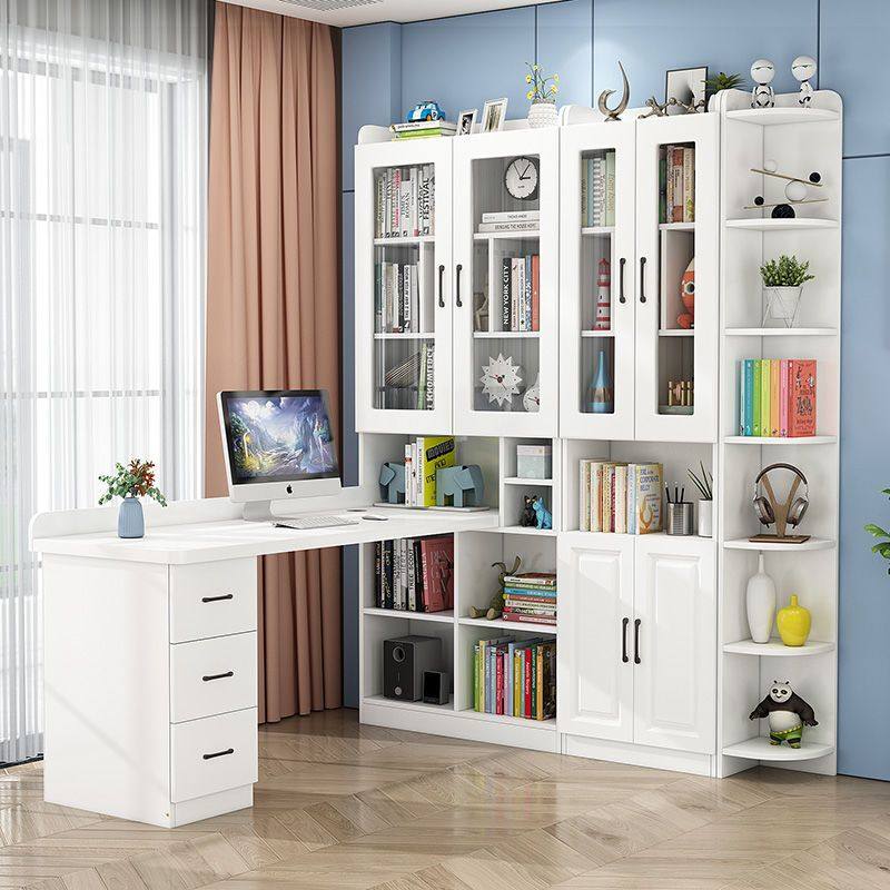 实木转角书桌书架组合一体桌办公桌电脑台式桌儿童写字桌学生家用