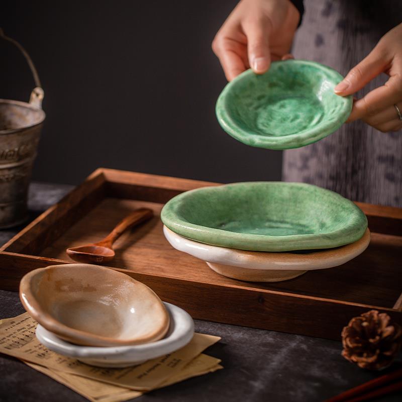 莳绘金缮景德镇手作粗陶盘子复古水果沙拉盘日式菜盘料理小菜碟子
