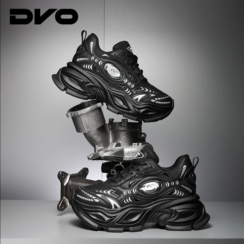 Dvo黑色爸爸鞋夏季男女10cm隐形内增高网透气厚底休闲鞋