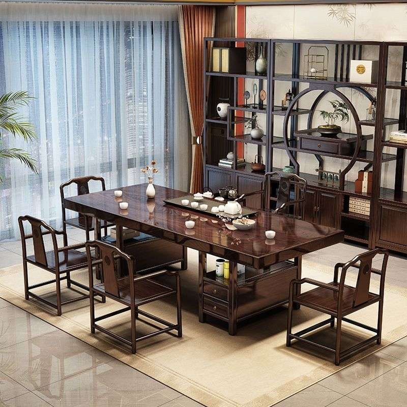 黑檀木实木大板茶桌椅组合新中式全整板茶台办公两用桌高级会客桌