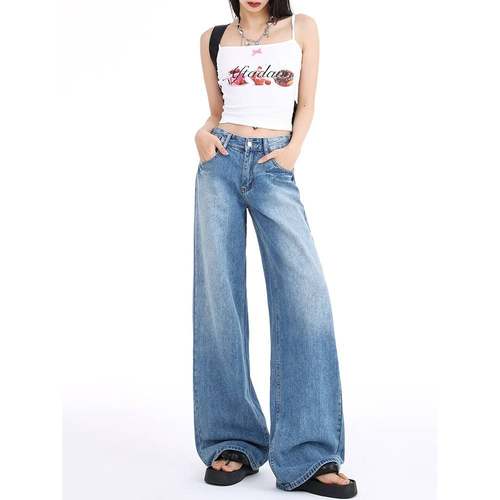 复松古蓝腰牛仔裤女0225年低新款夏EIM季直筒修身宽拖地垂感阔腿
