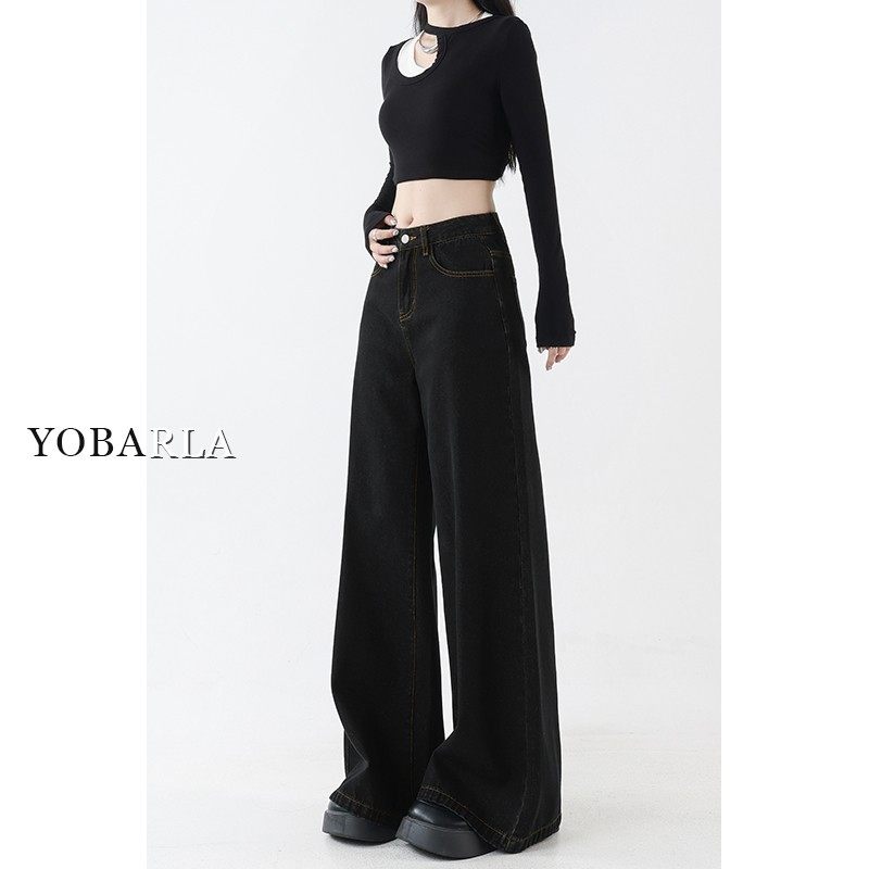 黑色阔腿牛仔裤夏季新款大尺胖m女m宽松显瘦梨形身材腰高码Y直筒