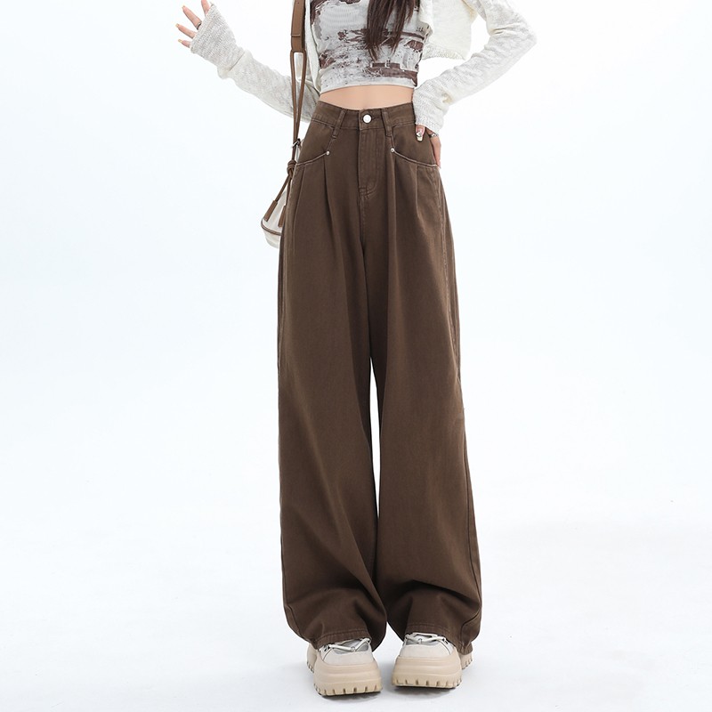 设计感式色阔腿牛仔裤女咖春美秋高腰直筒裤垂子感宽松拖地裤20A2