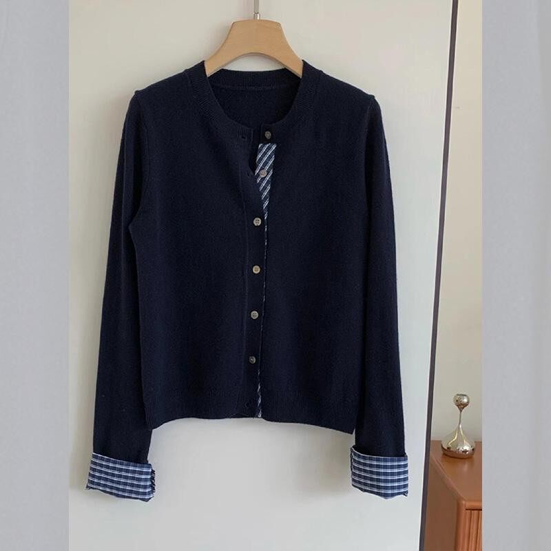 藏蓝色a-010071短拼接假两件针织开女衫秋冬内搭打底衫宽毛衣款外