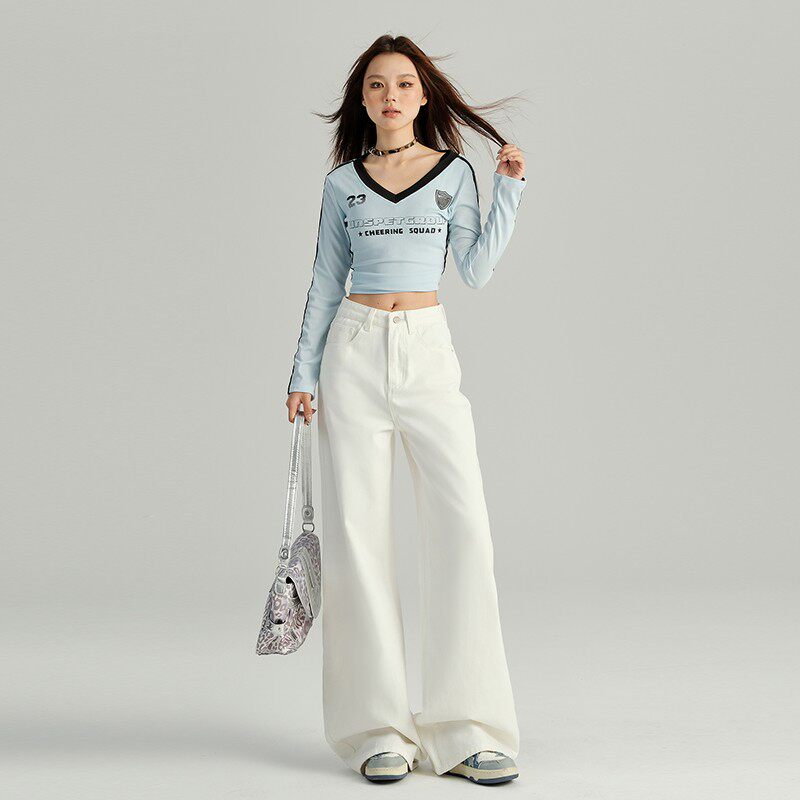 直白色阔腿牛仔裤2女春秋05新款C249271高2腰垂感宽松显瘦拖地筒