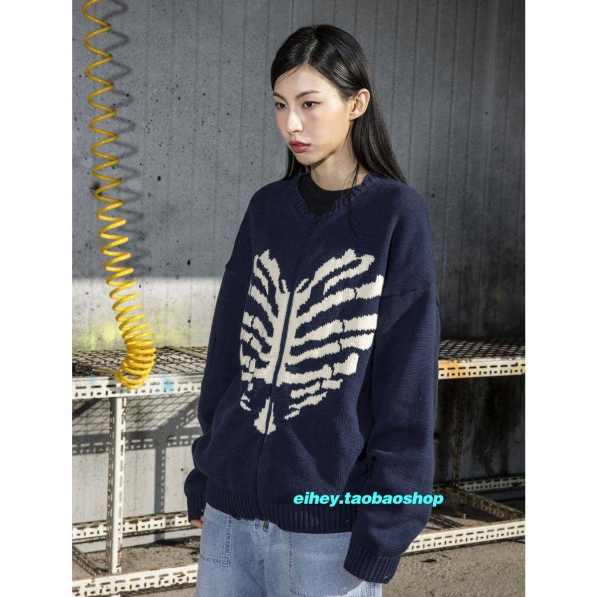 eihM252ey诶复嘿崔然竣同款秋季链骷髅洞古衣拉针上织毛衣开衫外