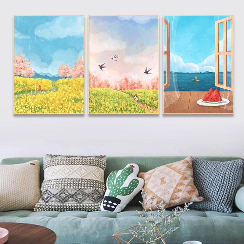 春夏秋冬四季蓝色装饰画河流草原风景画壁画客厅沙发背景墙治愈系