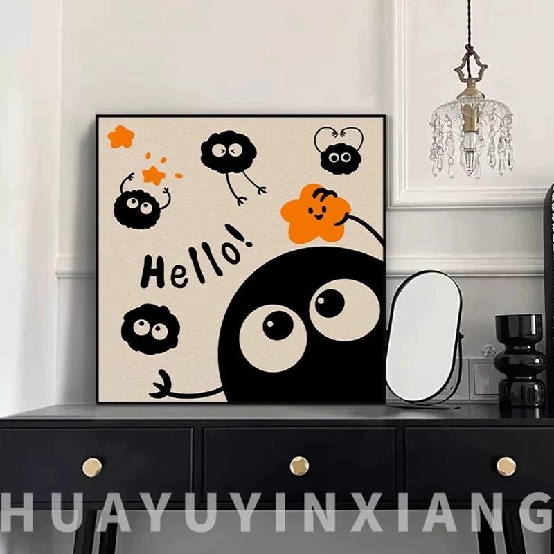 卡通黑色蜂窝煤可爱装饰画儿童房间风格艺术简单画创意卧室床头挂图片