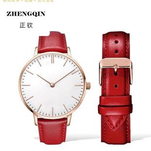 朗动表带 适用于dw手表表带真皮红色复古皮质表带小方表28mm表链