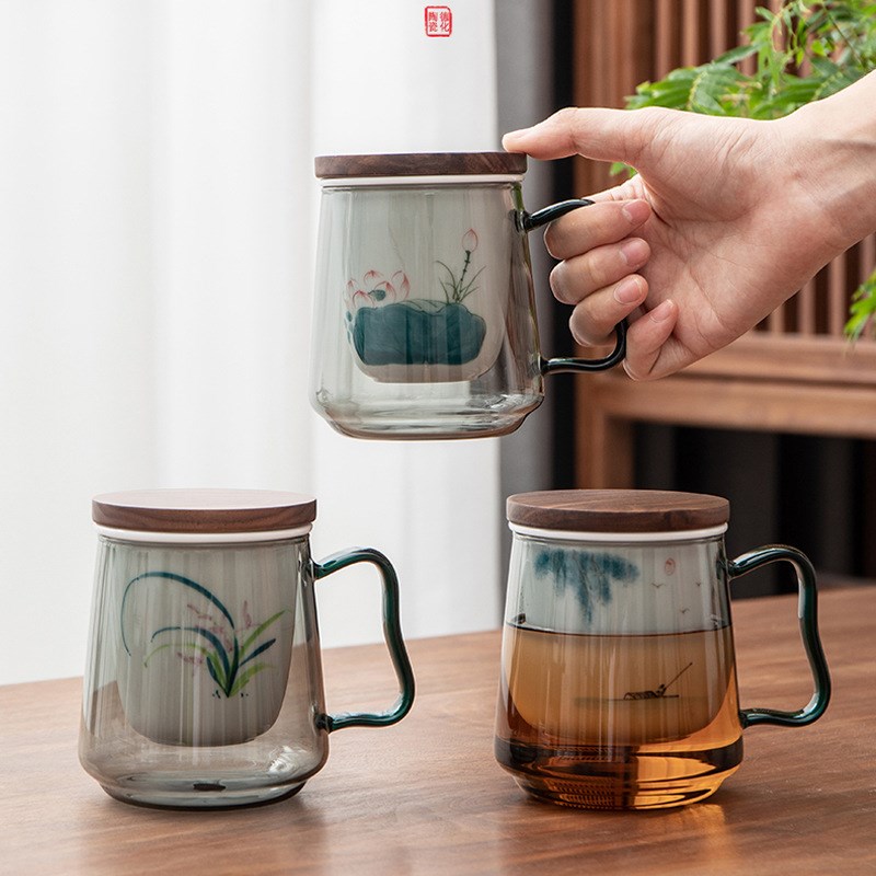 手绘荷釉下彩马杯泡茶杯带盖带过水杯茶水分离杯大容量