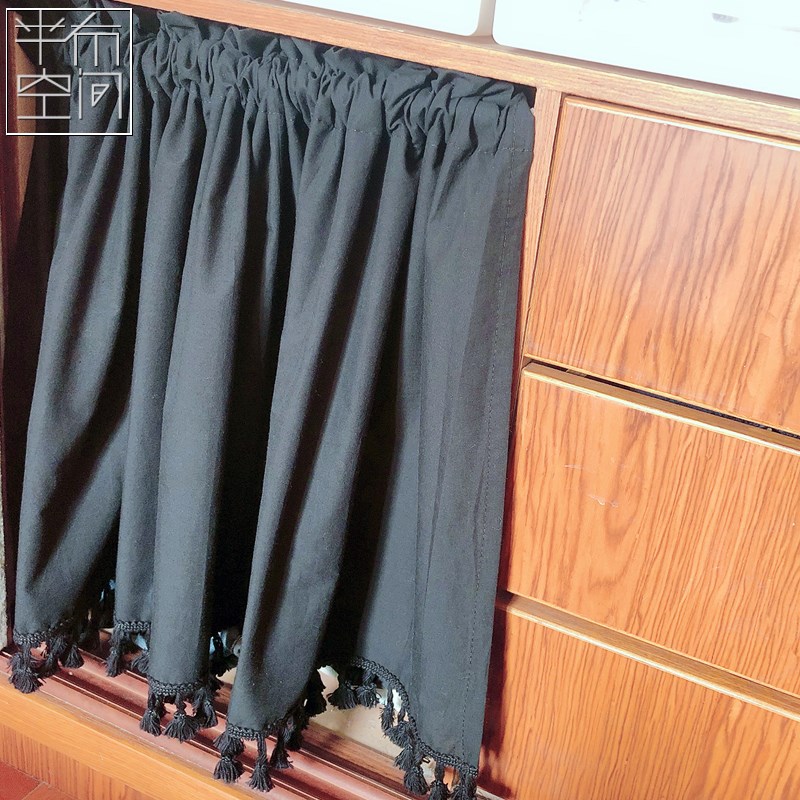 仓黑色透光不透人免打孔穿杆布艺短帘小窗帘橱柜隔断遮挡杂物帘
