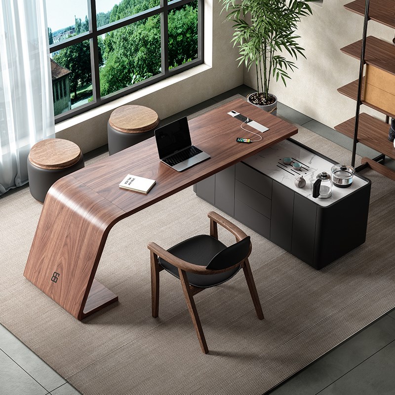 中古风实木茶桌椅组合高级感书房书桌极简L型复古办公桌茶桌一体