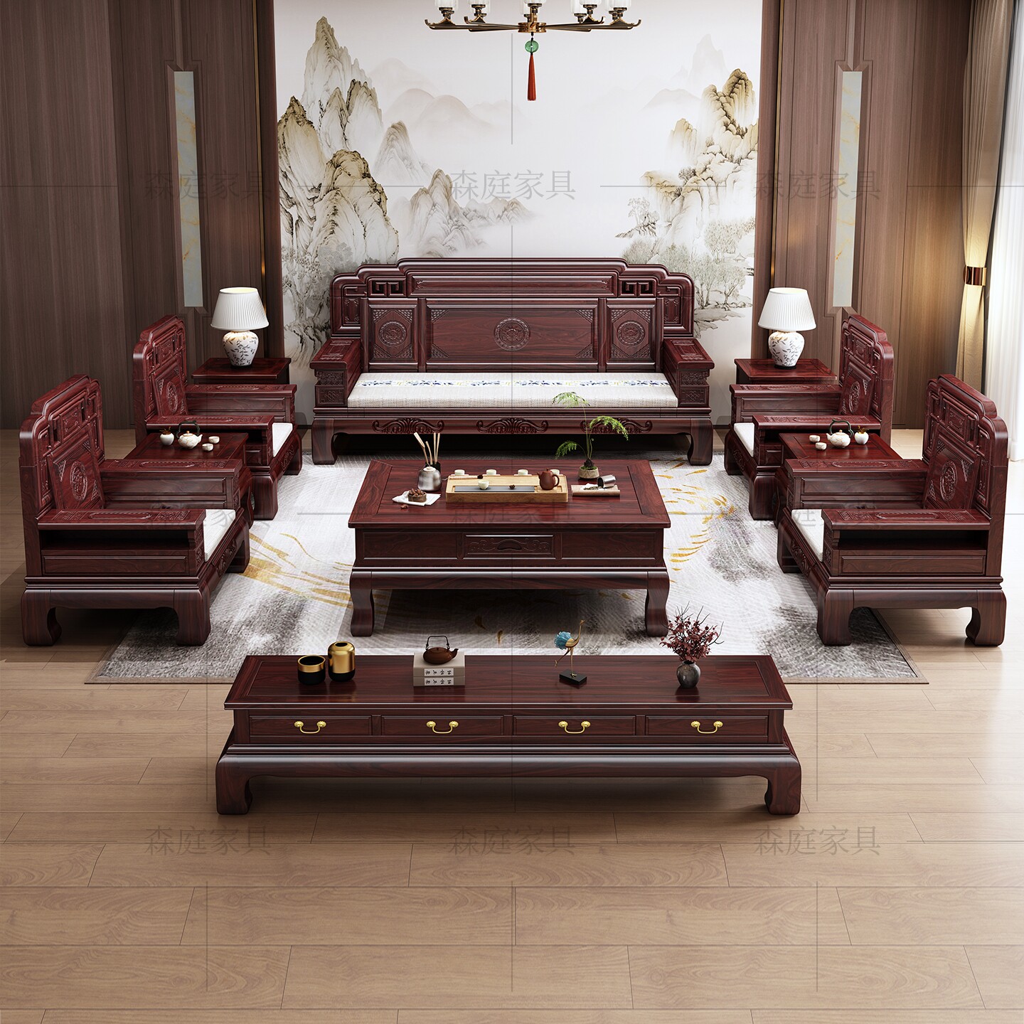 新中式印尼紫檀实木沙发储物仿古雕花客厅别墅冬夏两用款古典家具