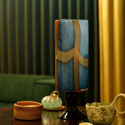 中古风直筒普鲁士蓝色法式纯手工彩色风灯玻璃花瓶水养插花器摆件