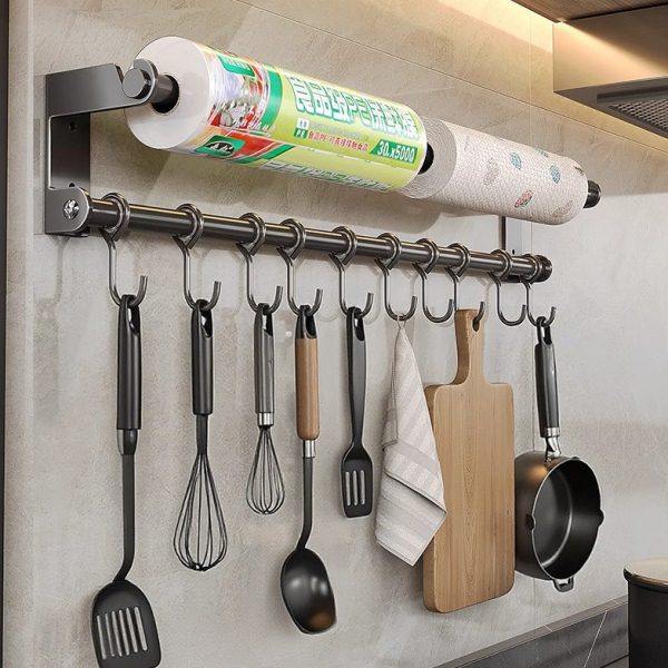 不锈钢厨房挂钩免打孔置物架壁挂多功能厨具挂杆家用勺子铲子收纳