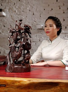 黑檀木雕生肖公鸡摆件全家福鸡家居客厅电视柜装饰工艺品乔迁送礼