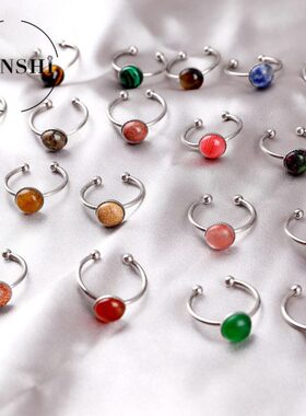 欧美不锈钢天然石戒指 法式开口戒指复古天然石指环轻奢食指戒女