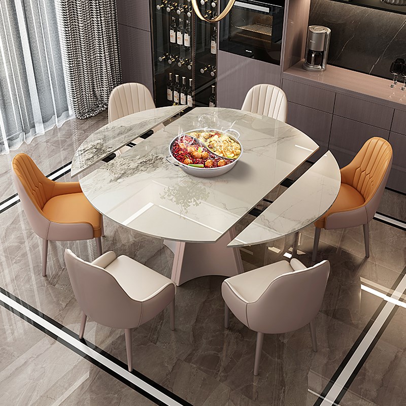 轻奢岩板旋转餐桌现代简约可伸缩C内嵌转盘带电磁炉家用小户型圆