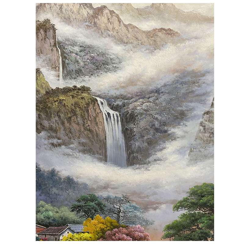 纯手绘油画风水山水画风景日出新中式聚宝盆别墅装饰壁画走廊挂画图片