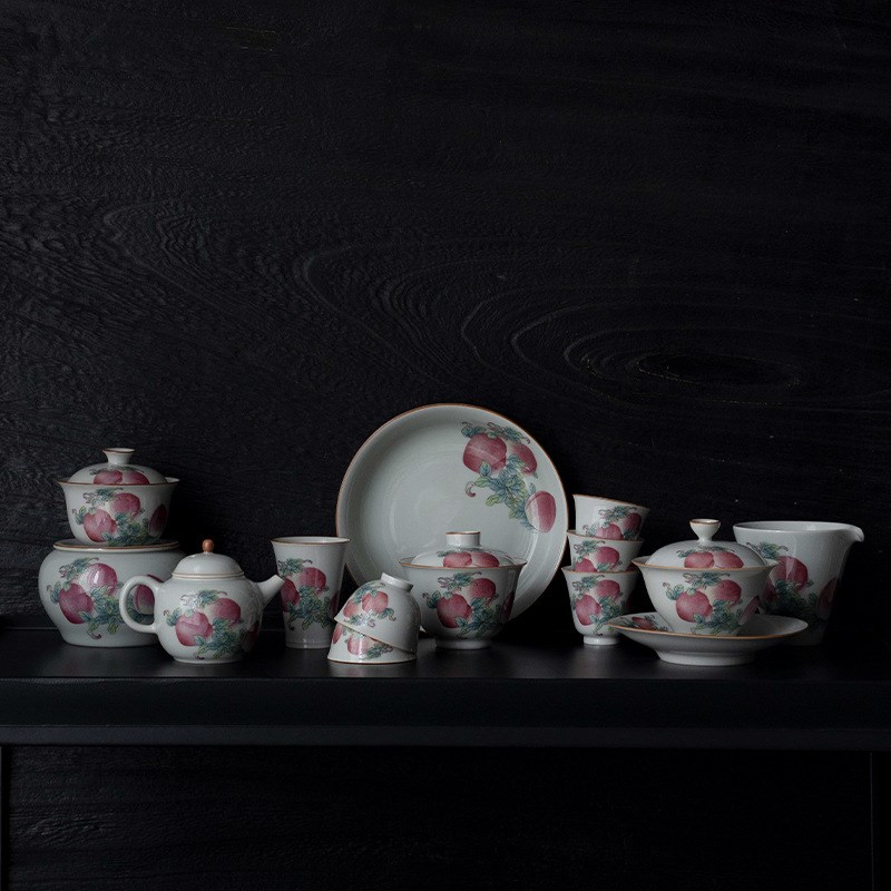 宜室茶话寿桃茶洗茶渣缸建水陶瓷带盖中式家用盖碗茶具壶承小水盂