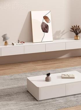 悬电视柜实客木壁挂式岩板卧室厅奶油CUY风小户型白色悬浮电视机