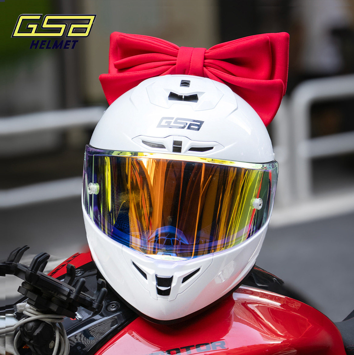 gsb361头盔摩托车红蝴蝶结女生机车骑行复古个性可爱巡航白色全盔