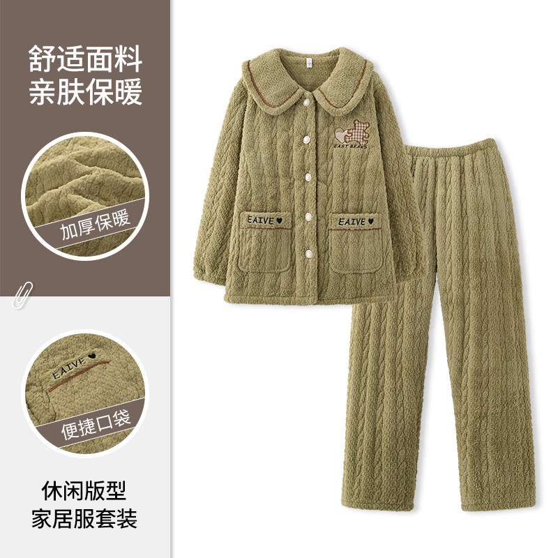睡衣女2024年冬季新款三层夹棉加厚保K暖家居服珊瑚绒大码可外穿