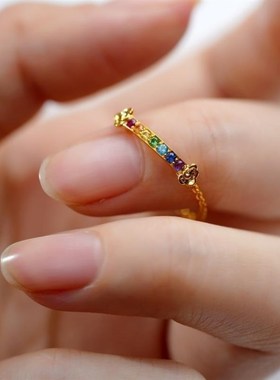 【彩虹】镀S925银镶嵌彩色石指间彩虹指链戒指饰品戒指Z气质女