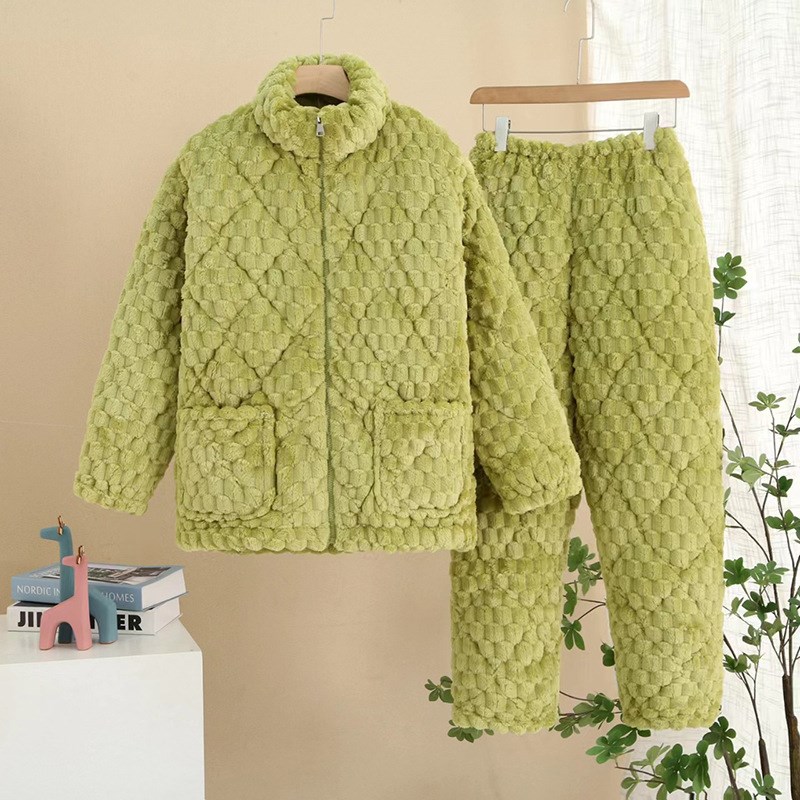 新款秋冬季睡g衣女士三层加厚夹棉珊瑚绒保暖家居服套装可外穿加