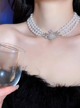 土星珍珠项链2023新款轻奢小众脖颈链高级珍珠U项链小众设计感