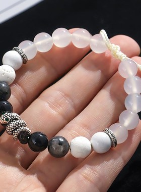 本命年蛇年串珠玛瑙情侣q手链女原创设计白松石黑闪石手串首饰