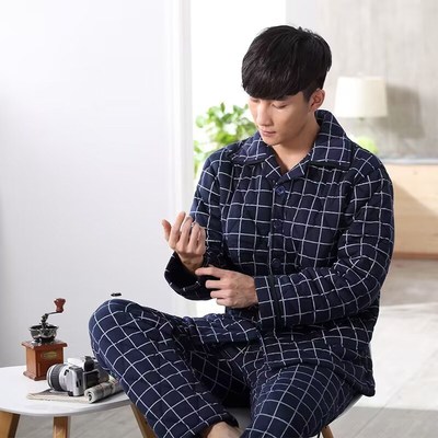 100%纯棉g加厚睡衣男士冬季保暖三层夹棉男款爸爸家居服秋冬天套
